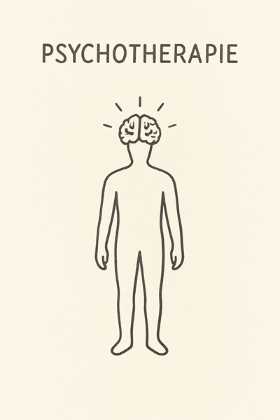 Grafik zur Psychotherapie: Mensch mit übergroßem Gehirn und strahlenförmigen Linien – steht für kognitive Prozesse, mentale Analyse und therapeutische Denkstrukturen.