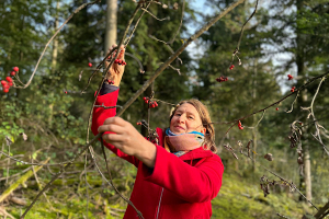 Anita Griebl in roter Jacke hält einen Zweig mit Hagebutten im Wald fest.