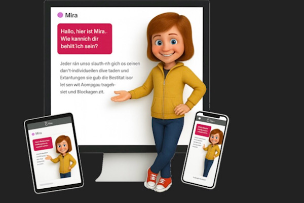 Illustration der Figur Mira, daneben ein Smartphone und ein Tablet mit derselben Mira‑Darstellung – Teil der Tools für Veränderungsfreudige.