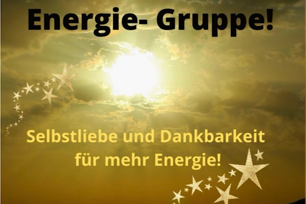 Goldener Himmel mit durchscheinender Sonne und dem Text „Energie‑Gruppe – Selbstliebe und Dankbarkeit für mehr Energie".
