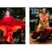 Zwei Bauchtanz‑Fotos von Anita Griebl: links im roten Kleid mit kraftvoller Ausstrahlung, rechts im bunten Rock und orangefarbenem Oberteil, weich, frei und voller Lebensfreude.
