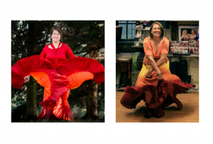 2016 bis 2026 Zwei Bauchtanz‑Fotos von Anita Griebl: links im roten Kleid mit kraftvoller Ausstrahlung, rechts im bunten Rock und orangefarbenem Oberteil, weich, frei und voller Lebensfreude.