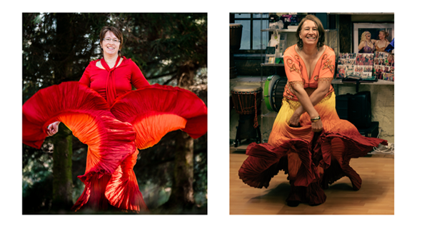 Zwei Bauchtanz‑Fotos von Anita Griebl: links im roten Kleid mit kraftvoller Ausstrahlung, rechts im bunten Rock und orangefarbenem Oberteil, weich, frei und voller Lebensfreude.