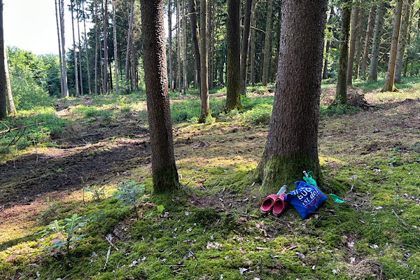 Ablage am Baumstamm – Moment der Auflösung meines Aprilscherzes