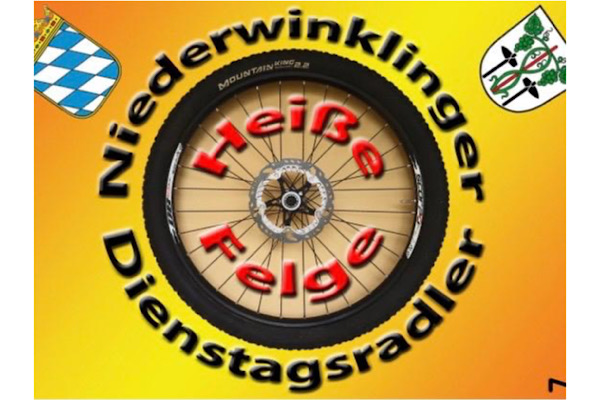 Logo der Niederwinklinger Dienstagsradler ‚Heiße Felge‘ mit Fahrradrad in der Mitte, roter Schrift und gelb‑orangem Hintergrund.