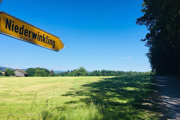 Wegweiserschild nach Niederwinkling inmitten einer ruhigen Landschaft als Symbol für Orientierung und Richtung.