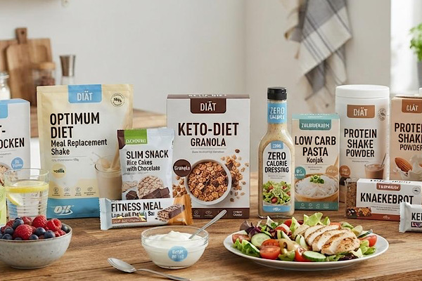 Verschiedene Diät‑ und Detox‑Produkte in bunten Verpackungen – typische Trendmethoden der körperlichen Entgiftung.